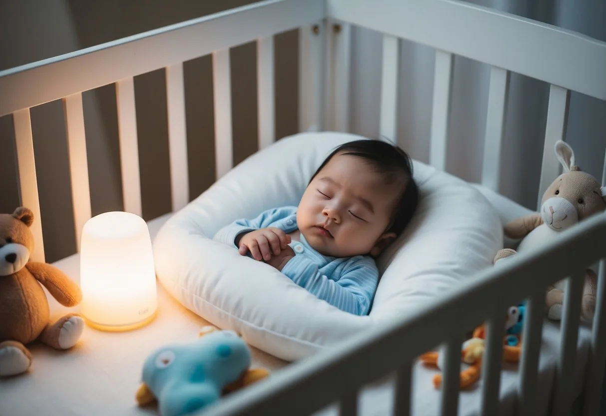 En hyggelig babypude ligger i en tremmeseng omgivet af blødt legetøj og et blidt natlys